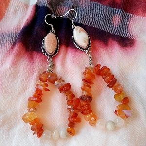 ❤ Southwestern Style Peach Coral & Carnelian Sterling Silver Dangle Earrings